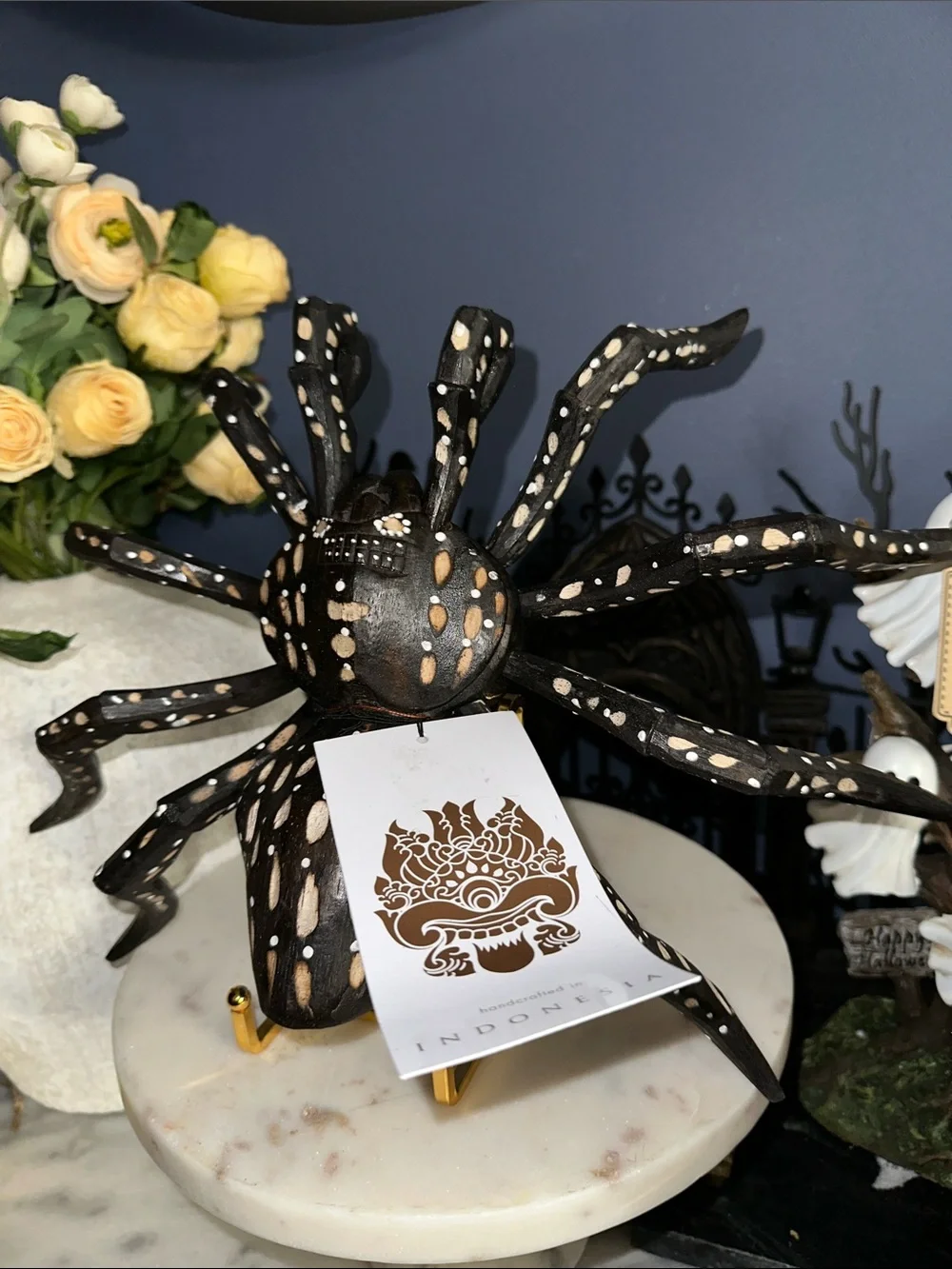 Halloween Handcrafted Black & White Wooden Spider Figurine wooden tarantula